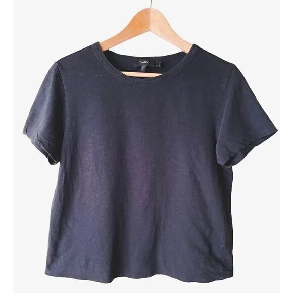 Theory Black Womens Cropped Crewneck Short Sleeves T-Shirt SZ L - Picture 1 of 8